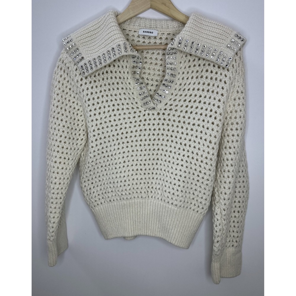 SANDRO Ursule Open Knit Sweater Chunky Pullover Rhinestone Wool Size 2 US M 6 - Picture 13 of 16
